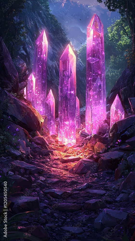Fototapeta premium A crystal stone forest features smooth-edged pillars set against a bright, colorful background