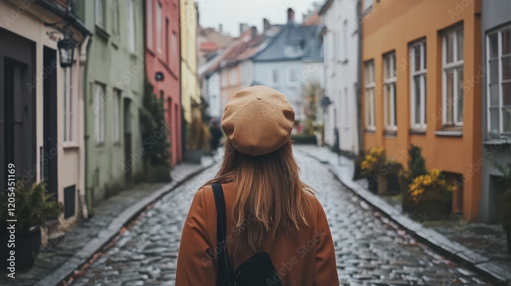 Girl in tan beret walking on cobblestone street Girl in tan beret walking on cobblestone street