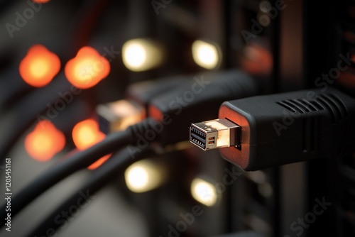 Close-up of FireWire cables connected to a computer server.