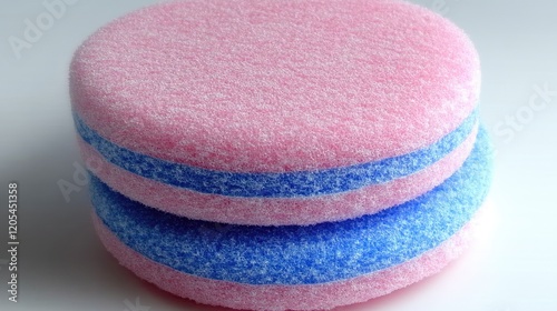 Two layered pink and blue cleaning sponges stacked