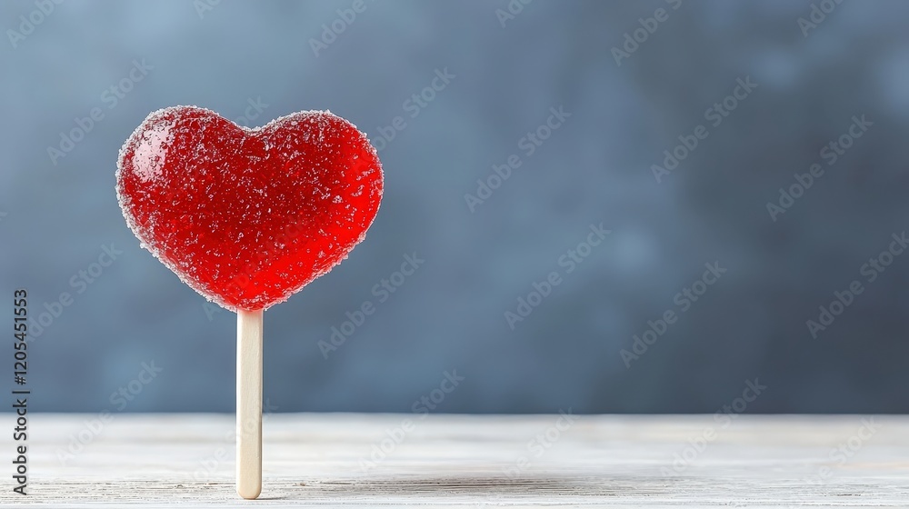 Fototapeta premium Bright Red Heart-Shaped Lollipop on a Wooden Surface with Blue Background