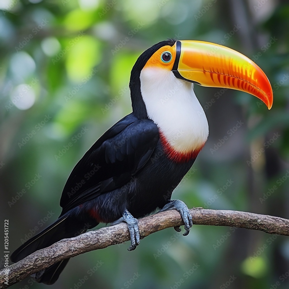 Fototapeta premium Vibrant toucan perched on a branch in lush green foliage.