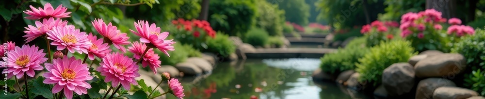 Fototapeta premium Pink chrysanthemums in a botanical garden with water features, flowers, gardens
