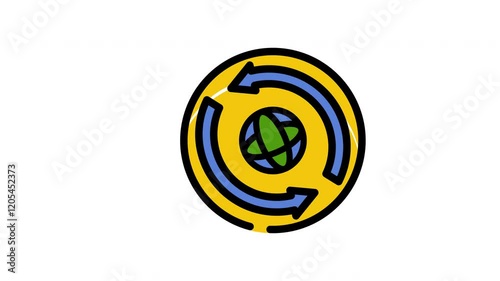 Refresh exchange circle and blue arrows circling a green globe, symbolizing global connection and sustainability. Suitable for environmental concepts.
