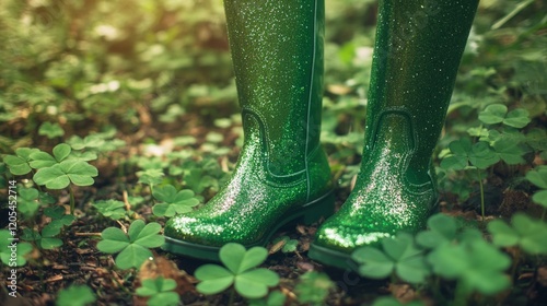 Enchanting close up of sparkling green boots in a lush clover field for stpatrick s day magic photo