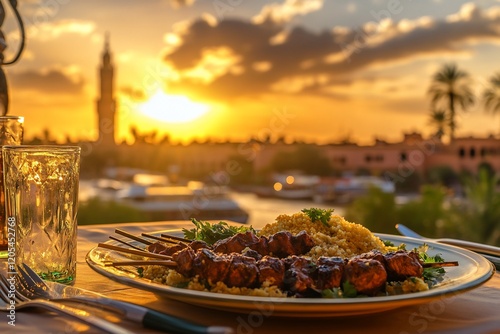 Grilled meat skewers with couscous served outdoors at sunset, overlooking a cityscape.