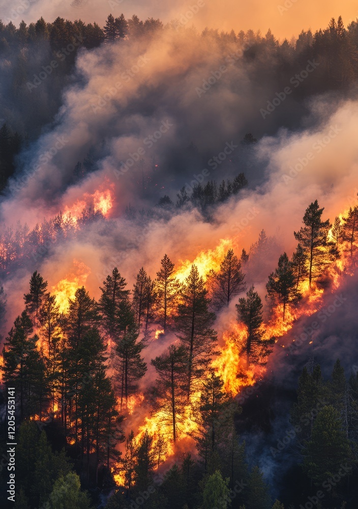Fiery wildfire engulfing a dense forest at sunset, billowing smoke and intense flames consuming trees. Fiery wildfire engulfing a dense forest at sunset, billowing smoke and intense flames consuming trees.