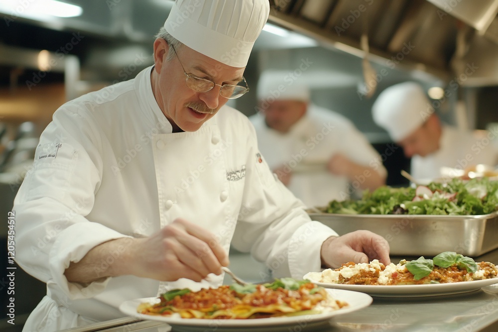 Chef meticulously plating pasta dish in a professional kitchen. Chef meticulously plating pasta dish in a professional kitchen.