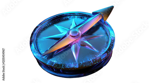 A vibrant and glowing 3D rendition of a compass with a neon aesthetic, featuring a detailed star design and a transparent glass-like structure.