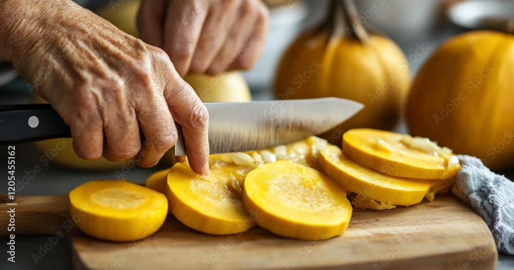 Close-up of hands slicing a yellow squash on a wooden board. Close-up of hands slicing a yellow squash on a wooden board.