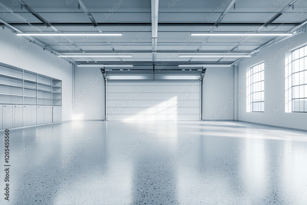 Fototapeta premium Empty modern garage with large roll-up door, shelving, and natural light.