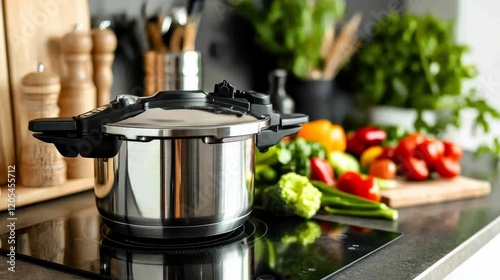 Sleek stainless steel pressure cooker on stovetop surrounded by fresh vegetables in modern kitchen photo