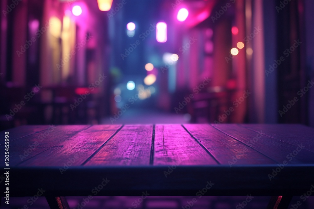 Dark wooden table at night with blurred neon lights background. Dark wooden table at night with blurred neon lights background.