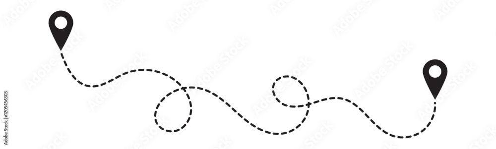 Route icon between two points with dotted path and location pin. Location pointer continuous one line drawing. GPS navigation line route mark. Route icon between two points with dotted path and location pin. Location pointer continuous one line drawing. GPS navigation line route mark.