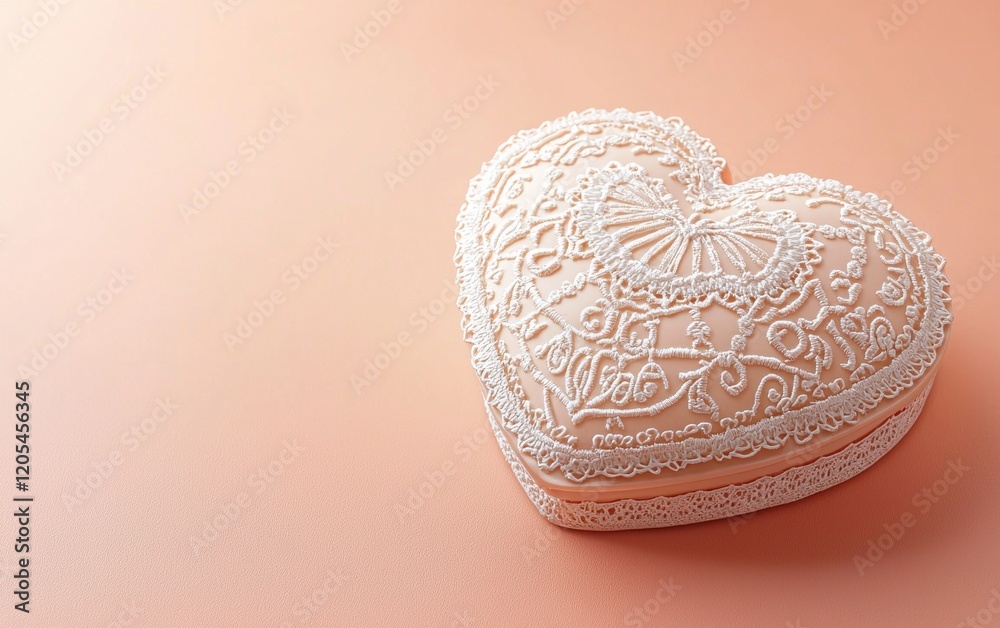 A luxurious heart-shaped candy box with intricate lace detailing, placed on a soft pastel peach surface for valentines day and womens day A luxurious heart-shaped candy box with intricate lace detailing, placed on a soft pastel peach surface for valentines day and womens day