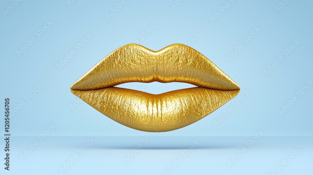 Glossy Golden Lips on Soft Blue Background for Artistic and Fashion Imagery Glossy Golden Lips on Soft Blue Background for Artistic and Fashion Imagery