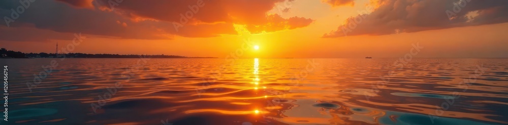 Fototapeta premium Golden light casts a warm glow on the water's surface as the sun dips below the horizon, sunset, aigues mortes, golden hour
