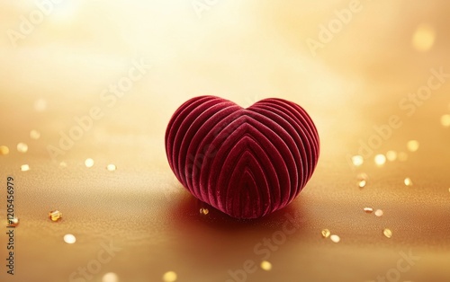 A luxurious heart-shaped candy box wrapped in red velvet, placed on a golden gradient background with romantic lighting for valentines day and womens day photo