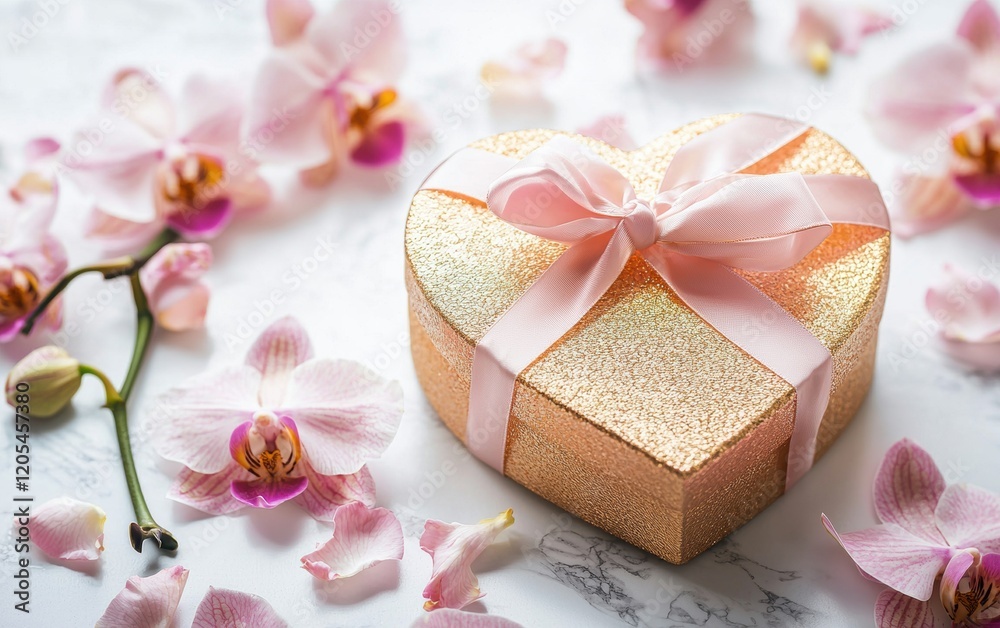 A shimmering gold heart-shaped gift box with a light pink ribbon, surrounded by orchids and rose petals on a white table for valentines day and 8 march A shimmering gold heart-shaped gift box with a light pink ribbon, surrounded by orchids and rose petals on a white table for valentines day and 8 march
