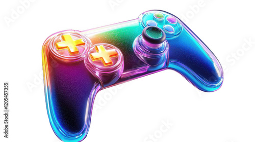 This image features a colorful, glowing game controller with a glass-like appearance, showcasing a vibrant and modern design.
