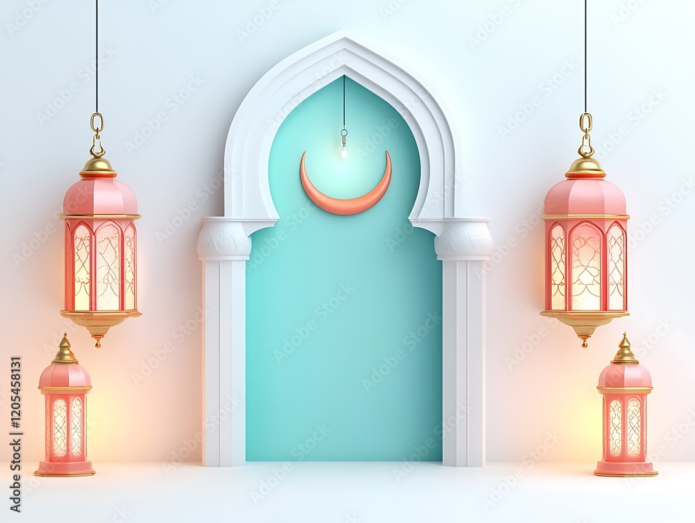 Elegant Ramadan Decor with Lanterns and Crescent Moon Elegant Ramadan Decor with Lanterns and Crescent Moon