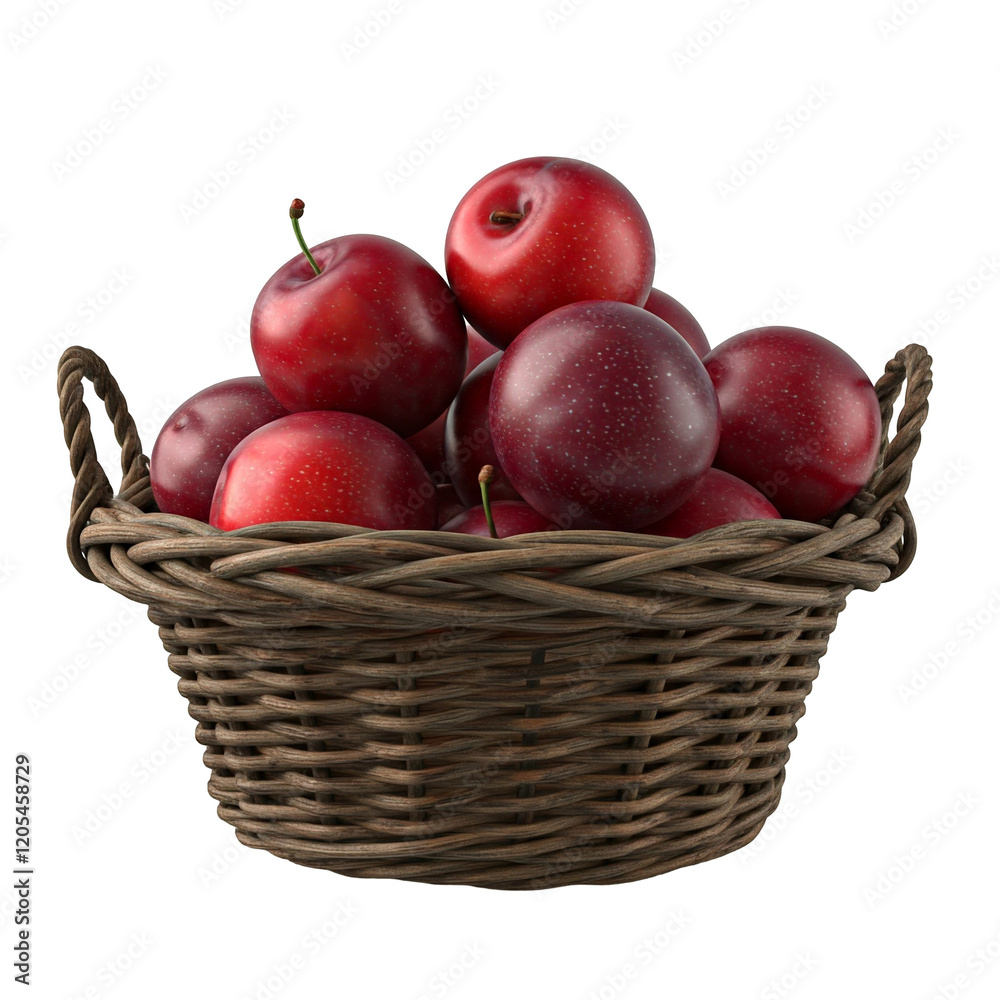 A Handwoven Branch Basket Containing Vibrant Plums, Isolated on White A Handwoven Branch Basket Containing Vibrant Plums, Isolated on White