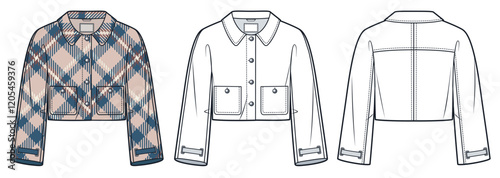 Plaid Jacket technical fashion Illustration. Crop Jacket fashion flat technical drawing template, three-quarter length sleeve, eyelets hole, front, back view, white, mocha, blue, women CAD mockup set.