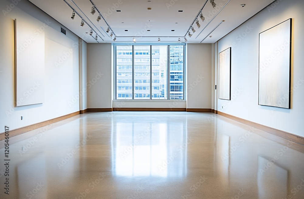 Empty modern art gallery with large windows and polished floor.