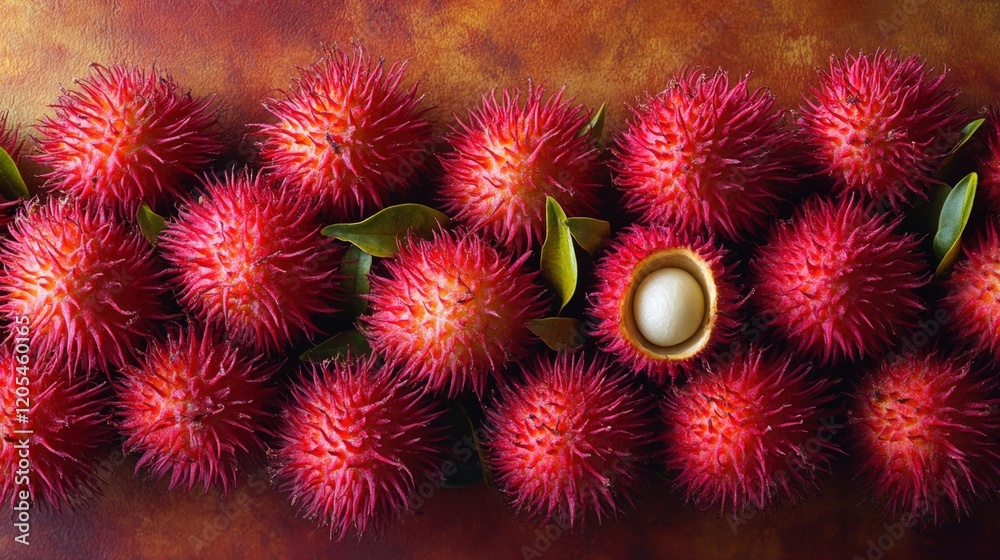 Fototapeta premium Rambutan fruit, vibrant red, one open.
