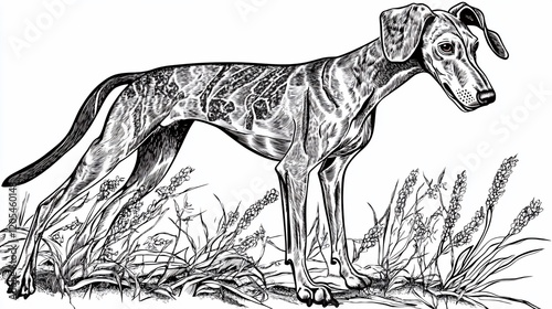 Elegant black and white illustration of a slender sighthound standing in tall grass.