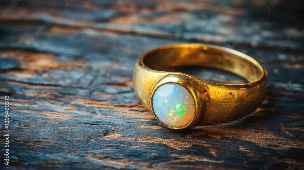 Antique ring with an opal gemstone placed on a rustic wooden texture background