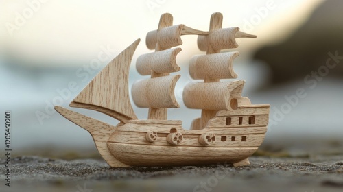 Natural wood pirate ship toy design, showcasing raw wood textures and smooth finishes for a rustic and timeless toy photo