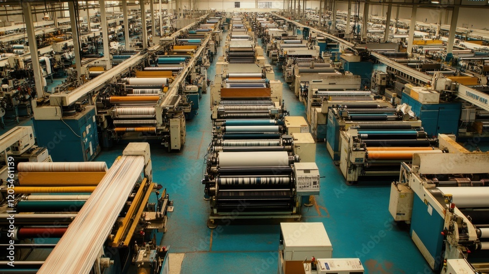 A birds-eye view of an expansive textile factory floor with rows of machinery A birds-eye view of an expansive textile factory floor with rows of machinery