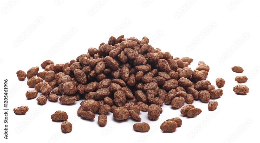 Chocolate rice flakes pile isolated on white, side view Chocolate rice flakes pile isolated on white, side view