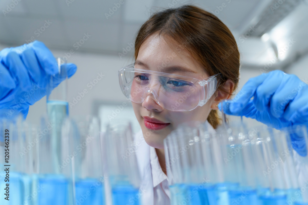 Fototapeta premium Scientist pouring blue liquid into test tubes in a laboratory setting, conducting experiments and research