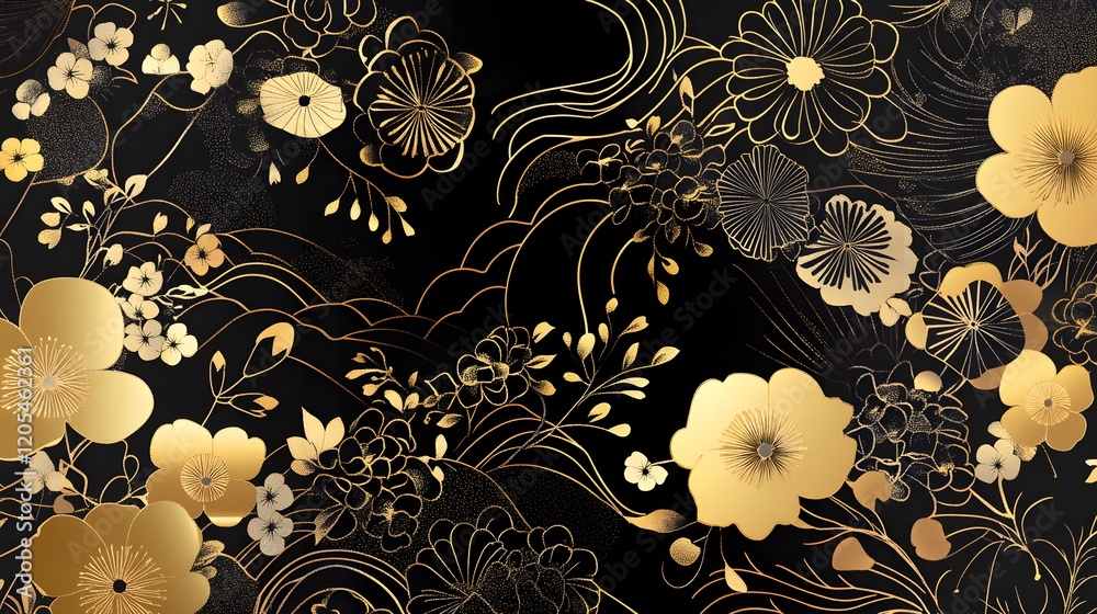A background design featuring black and gold floral patterns, blending traditional Japanese elements.
