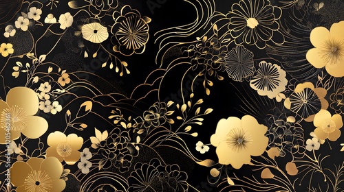 Obraz na płótnie A background design featuring black and gold floral patterns, blending traditional Japanese elements. w salonie