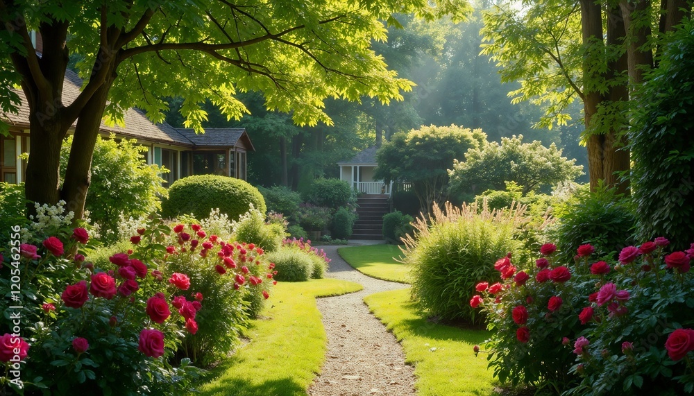 Lush garden pathway lined with blooming roses and greenery in soft sunlight for tranquil outdoor beauty, copy space Lush garden pathway lined with blooming roses and greenery in soft sunlight for tranquil outdoor beauty, copy space