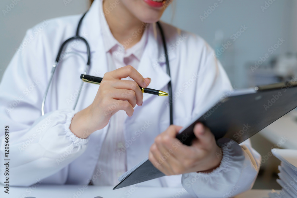 Doctor reviewing patient's medical history and preparing to make notes Doctor reviewing patient's medical history and preparing to make notes