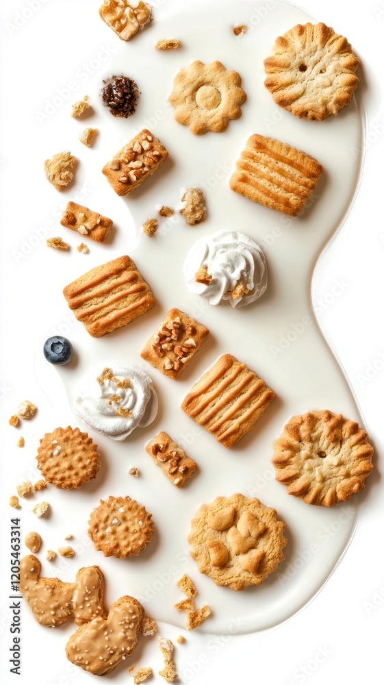 Splash of milk biscuits on white background.A variety of cookies arranged artistically with milk, showcasing different textures and shapes, enticingly inviting for a sweet treat. Splash of milk biscuits on white background.A variety of cookies arranged artistically with milk, showcasing different textures and shapes, enticingly inviting for a sweet treat.