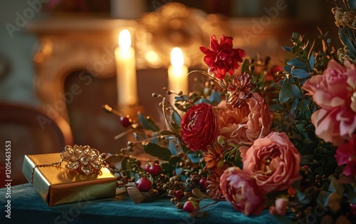 A romantic candlelit scene with an elegant gold brooch, a vibrant floral centerpiece, and a wrapped gift for Valentines Day and 8 March photo