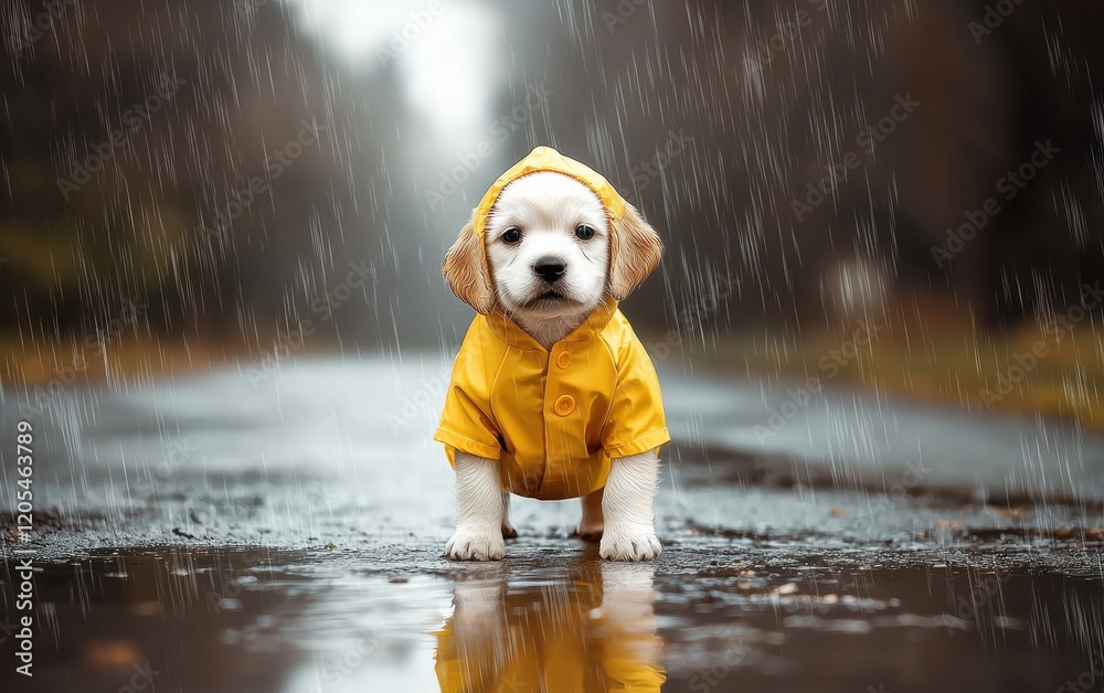Fototapeta premium A playful puppy in a yellow raincoat and rubber boots, standing on a rainy street backdrop