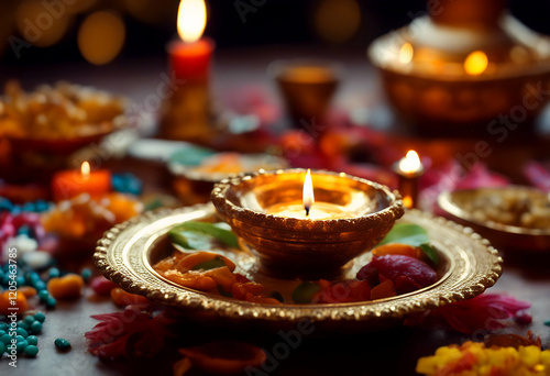 soothing serene closeup oil relaxation cup worship concept candlelight candle ambience happy image illuminated peaceful foods tray celebration plate calming lamp decorated diwali photo