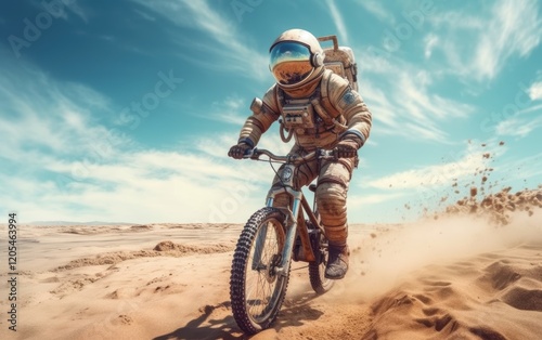 Astronaut on a Bike Ride in a Desert