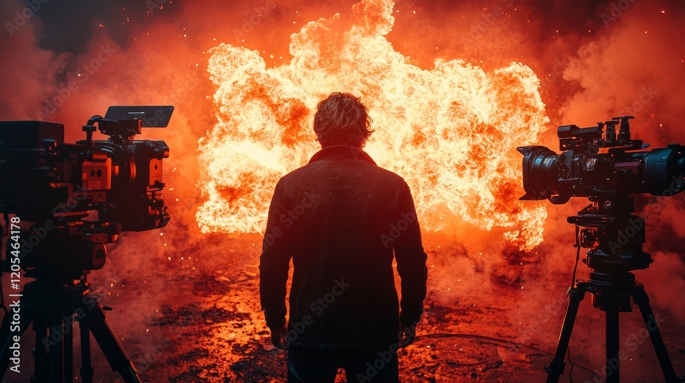 Fototapeta premium Filmmaker silhouetted against fiery explosion on set