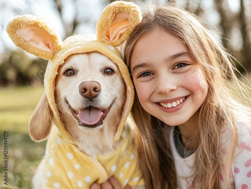 Happy girl and dog in matching yellow bunny costumes enjoying a sunny day outside with natural greenery background photo