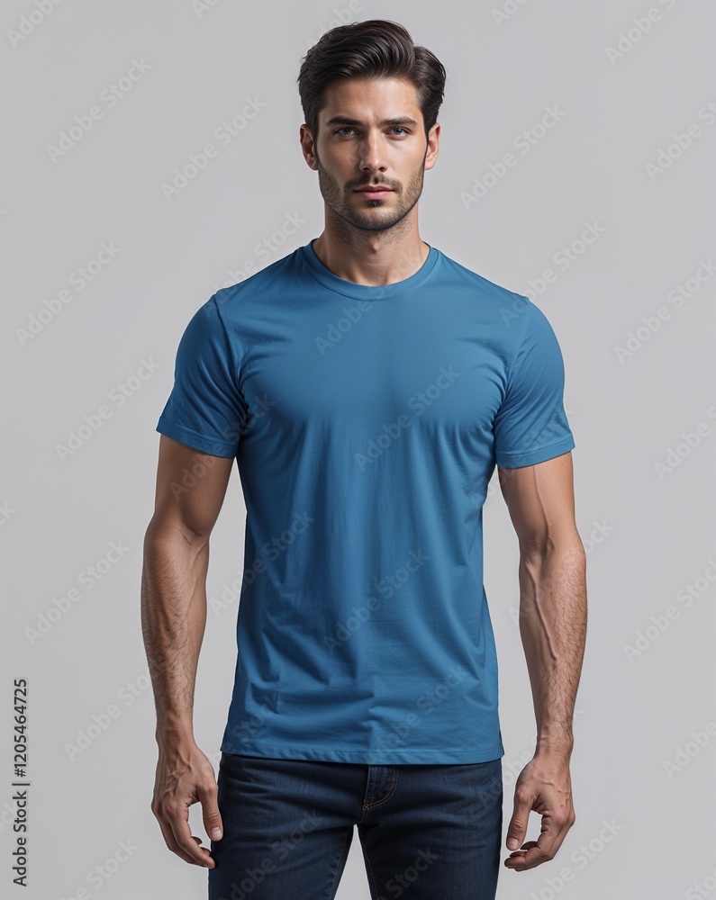 Fototapeta premium man wearing a blue plain t-shirt, mockup product photo, casual clothes