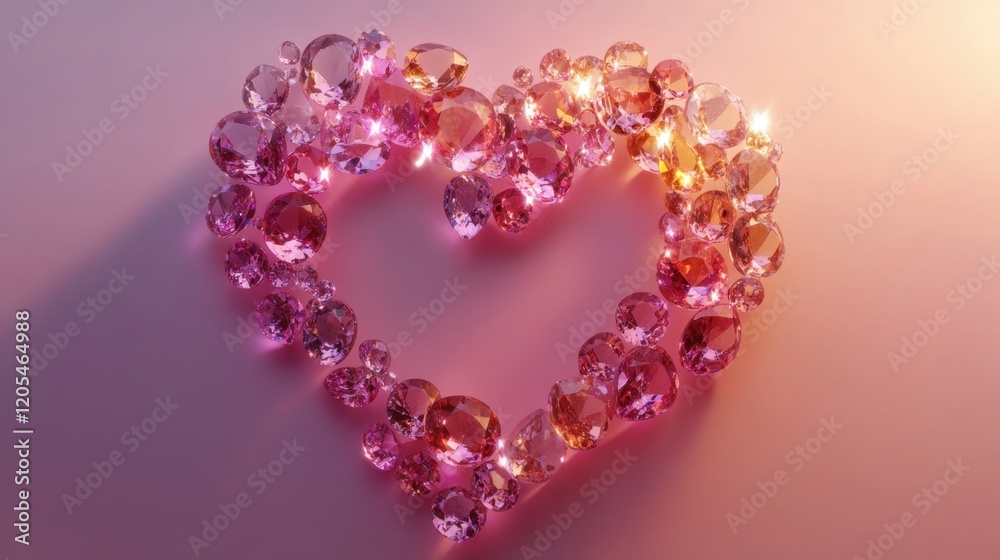 A heart-shaped arrangement of gemstones glowing softly on a gradient rose background A heart-shaped arrangement of gemstones glowing softly on a gradient rose background
