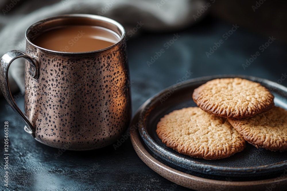 A metallic kettle beside a rustic cup filled with coffee, accompanied by a plate of three golden-brown cookies
