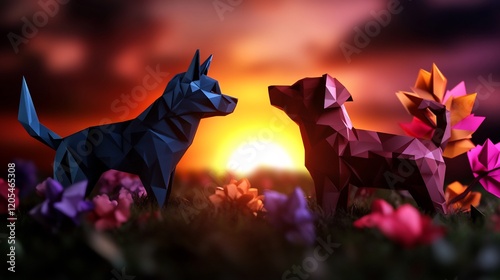 Low Poly Dogs at Sunset: A Digital Art Piece photo